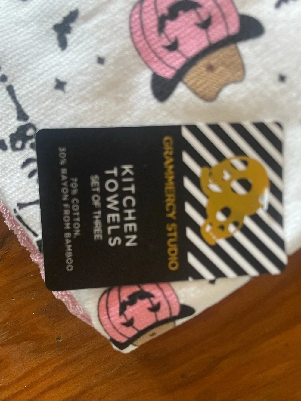 Halloween Cowboy Skeleton Cotton Tea Towel - White, Pink, Brown